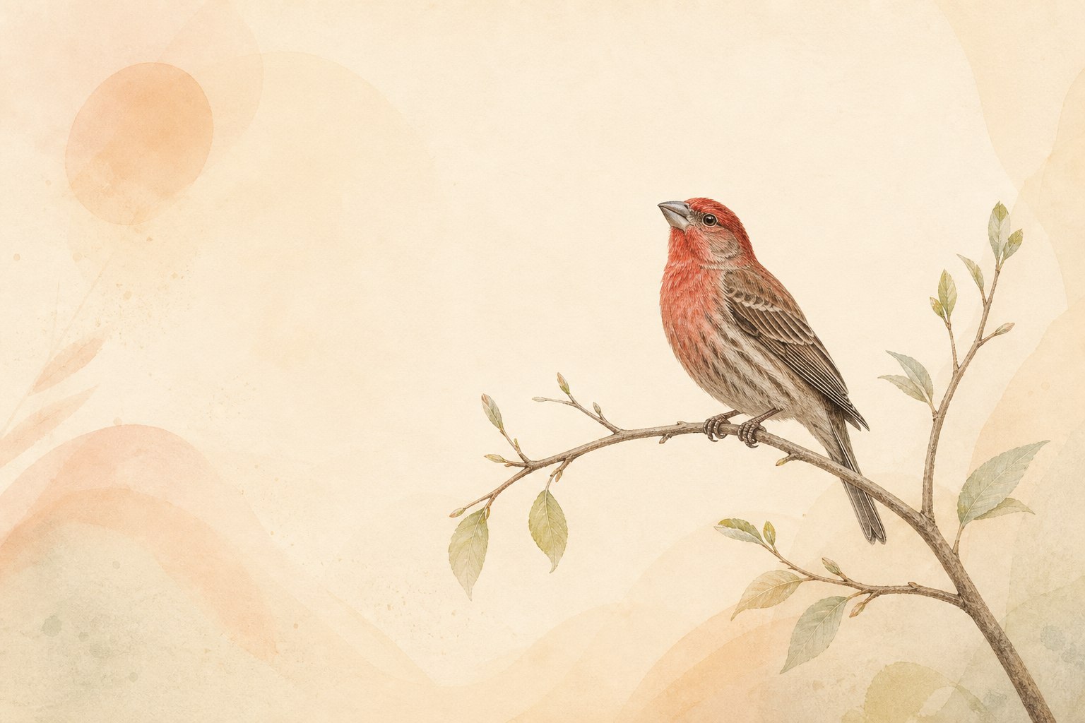 A painted house finch perched on a slender branch